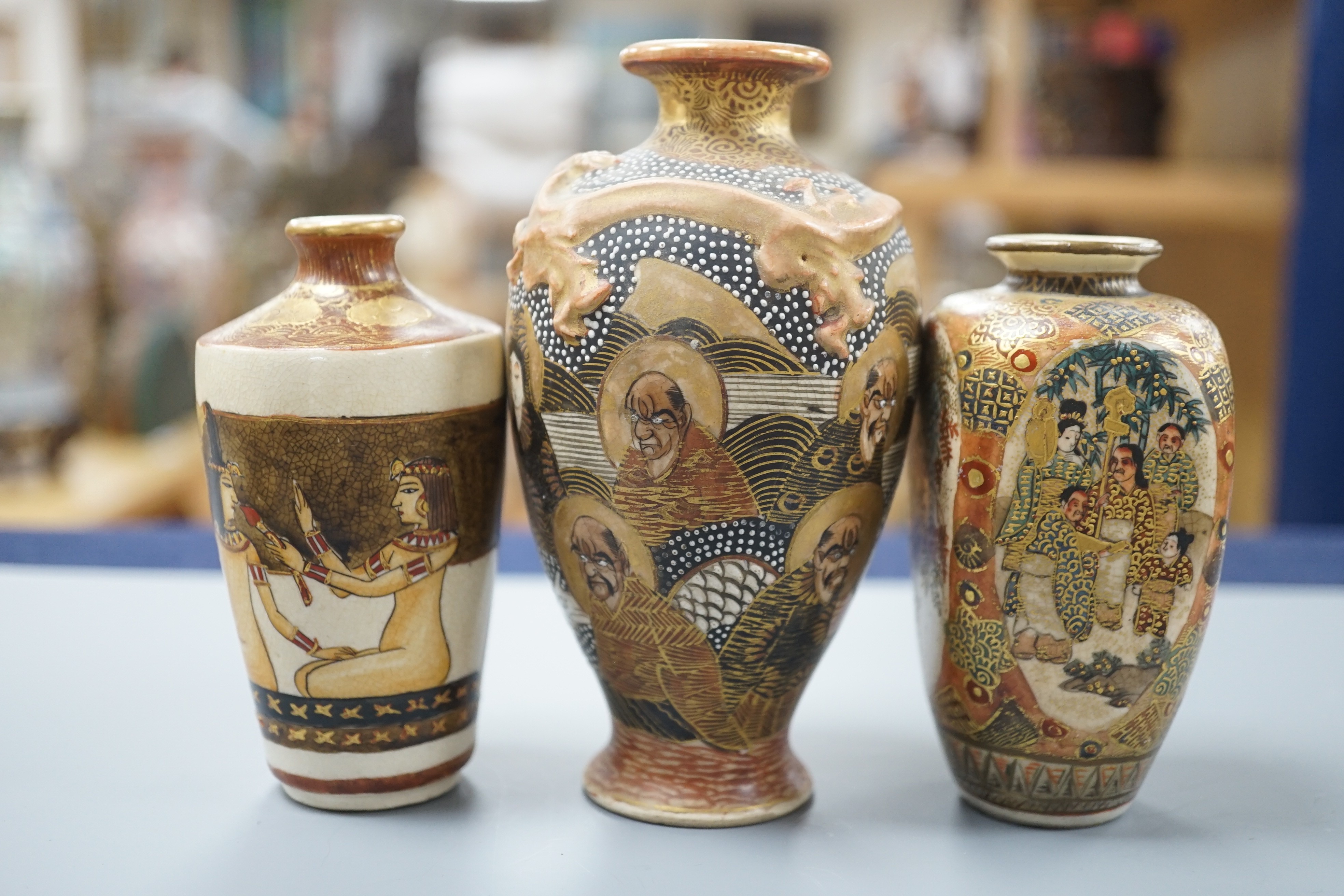 A group of small and miniature Satsuma pottery vases, koros and covers and dishes, late 19th/early 20th century, 3cm - 12cm